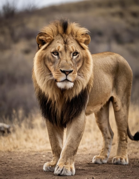 Photo a lion is standing in the grass and a lion is looking at the camera