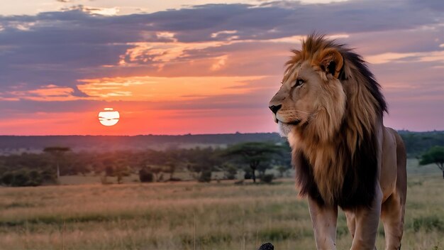 Photo a lion is standing in the grass with the sun behind it