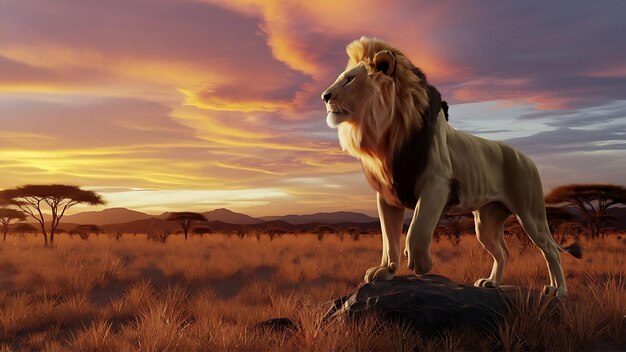 Photo a lion is standing on a rock in front of a sunset