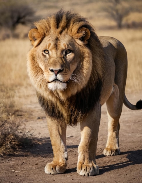 Photo a lion is walking on the dirt and has a lion on its chest