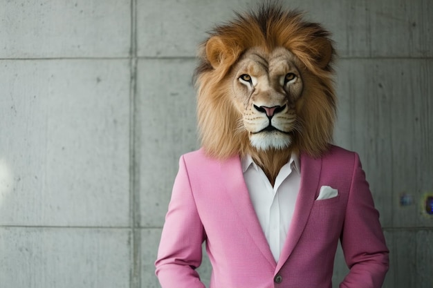 A Lion is wearing a pink suit like a businessman