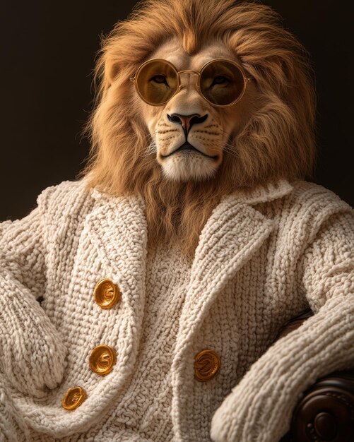 Photo a lion is wearing a white jacket and sunglasses and is holding a brown purse the image has a playful and whimsical mood as it is not a typical scene of a lion in the wild