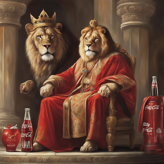 Lion king is drinking a coca cola while another lion sit besides him