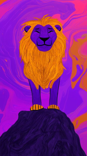 Photo lion king on purple and orange marble background