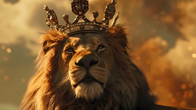 Lion king with crown on his head in front of cloudy sky Generative AI illustrations