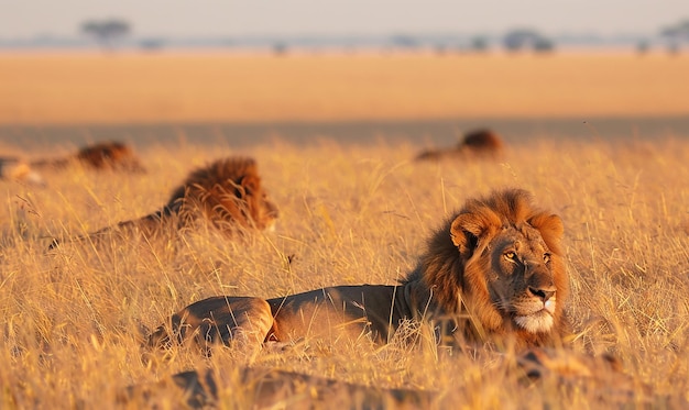 a lion laying in the grass with lions in the background