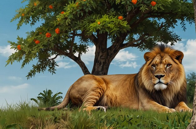 Photo a lion laying in the grass with an orange tree in the background