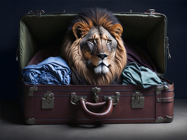 The lion lies in a suitcase with clothes AI generated