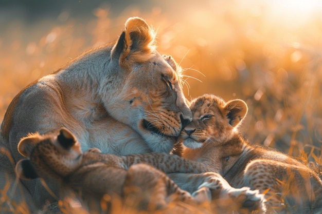 Photo a lion and lion cub are cuddling together