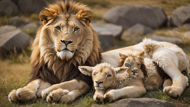 a lion and a lion cub are laying on the ground