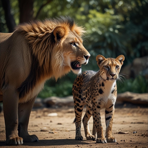 a lion and a lioness are standing in a forest