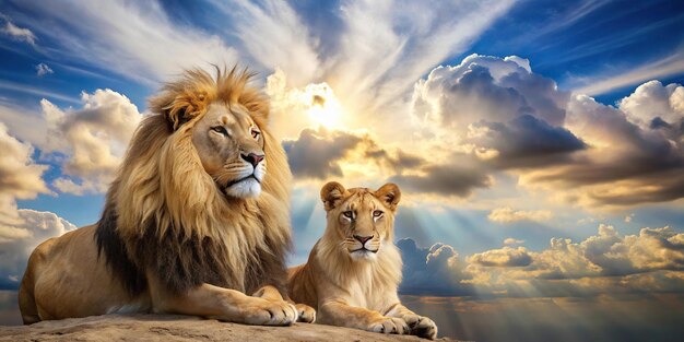 Lion and lioness in the sun with cloudy sky above