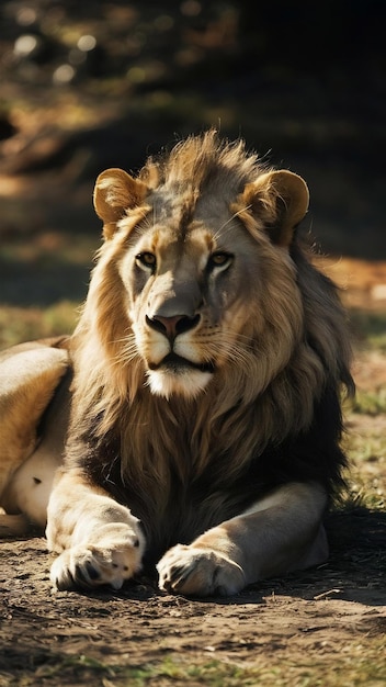 Lion lying on the ground under the sunlight with a blurry surface