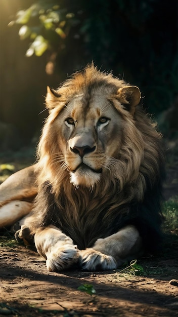 Lion lying on the ground under the sunlight with a blurry surface