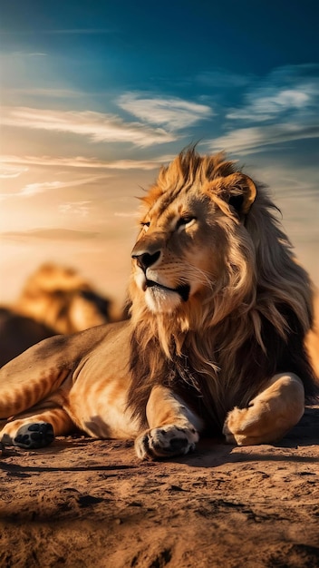 Lion lying on the ground under the sunlight with a blurry surface