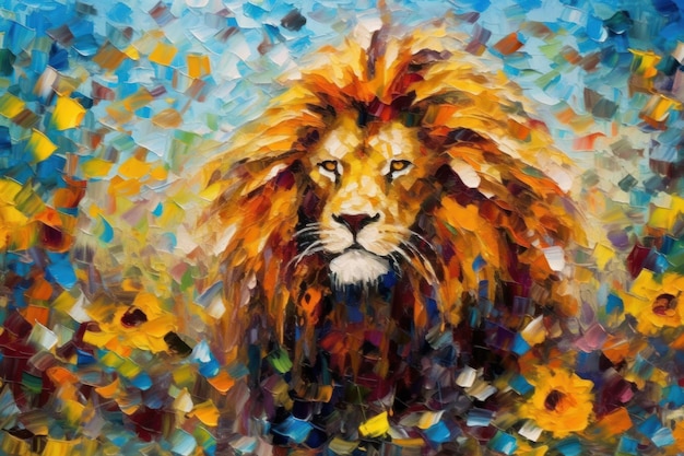 Lion made of oil paint modern art with sunflower Generative AI