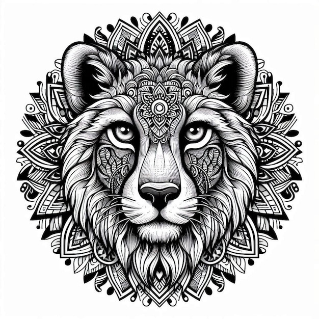 A lion mandala animal colouring book black and white illustration pattern