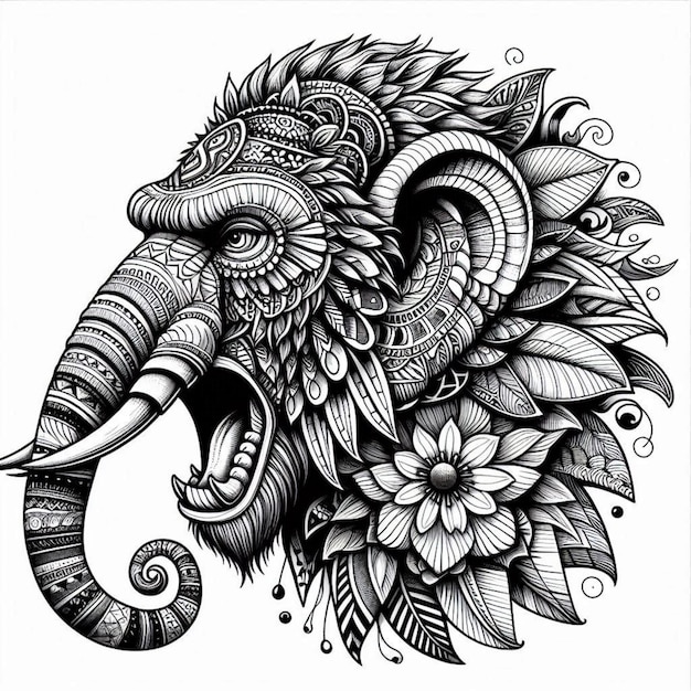 A lion mandala animal colouring book black and white illustration pattern