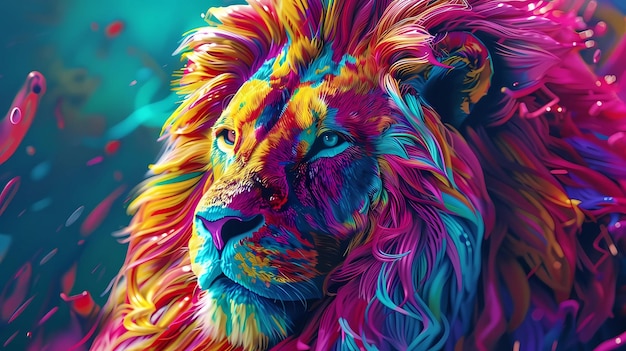 Photo a lion multicolored hair glowing light pop art dadaism social media composition generative ai