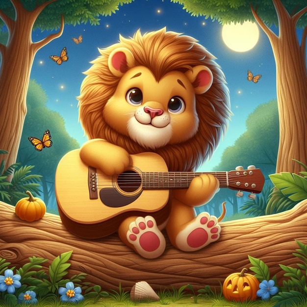 a lion playing guitar in a forest with a tiger on the back