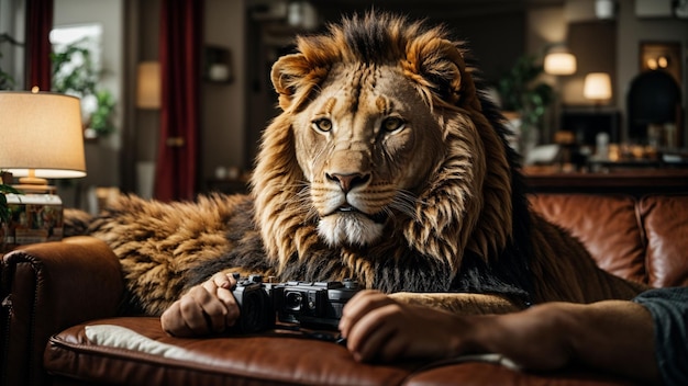 A lion playing a video game in a comfortable living room