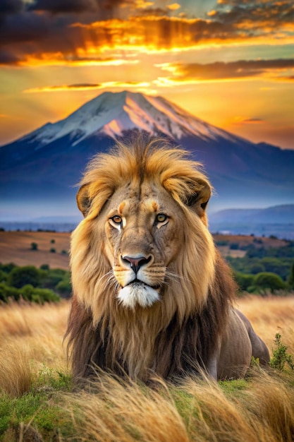 Lion portrait on savanna Mount Kilimanjaro Lion portrait on savanna landscape background and Mount Kilimanjaro at sunset Panoramic version