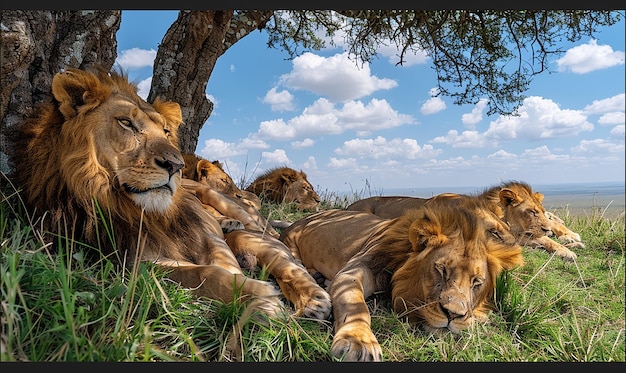 Photo lion pride resting under a shady tree tranquil family moment