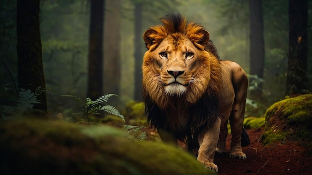 Lion quietly observes in foggy green forest generated by AI