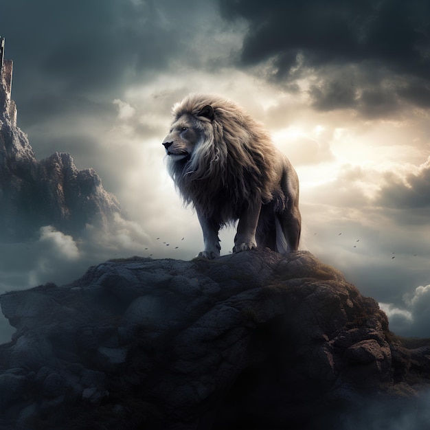 Photo a lion on a rock with a mountain in the background