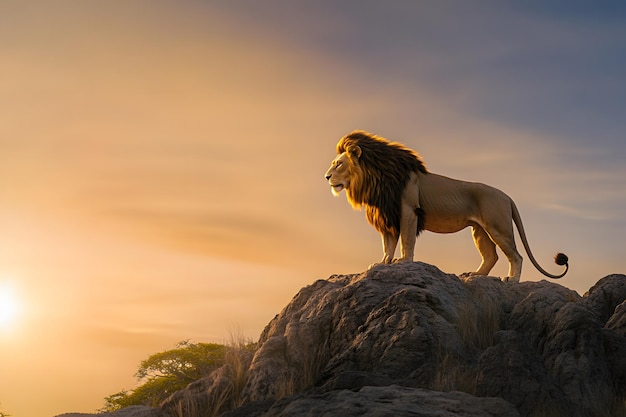 a lion on a rock with the sun behind it