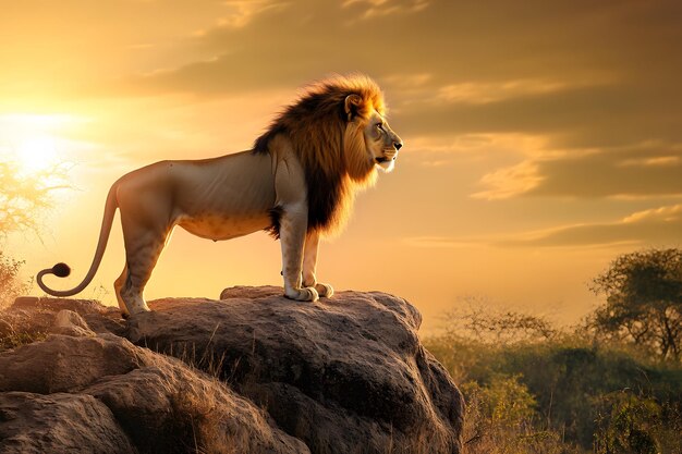 a lion on a rock with the sun behind it