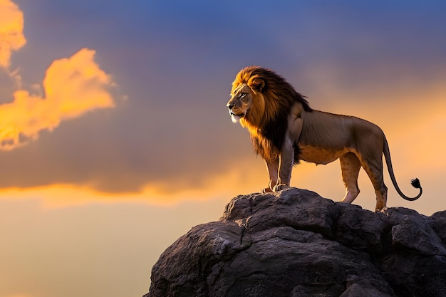 a lion on a rock with a sunset in the background