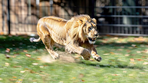 Photo a lion running through grass with motion blur