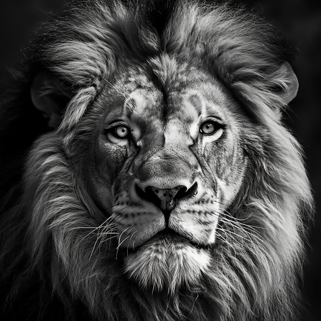 A lion's face is shown in black and white.