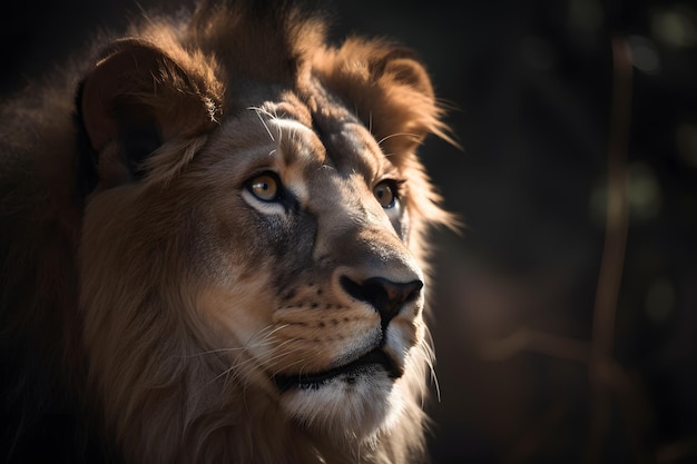 A lion's face is shown in the dark.