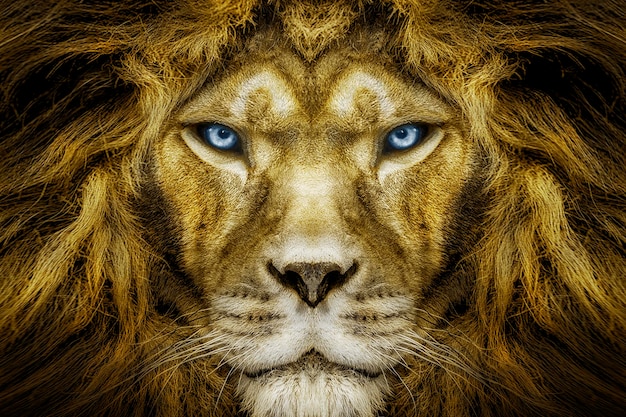 A lion's face with a blue eye