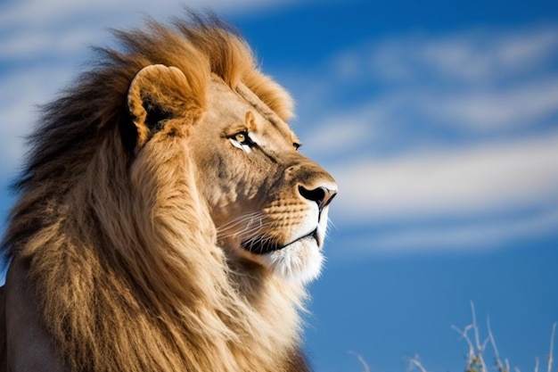 A lion's head is shown against a blue sky.