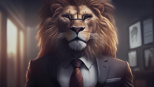 Lion's Head wearing a business suit sitting behind desk working in office professionalism authority