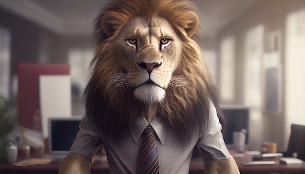 Lion's Head wearing a business suit sitting behind desk working in office professionalism authority