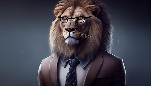 Lion's Head wearing a business suit sitting behind desk working in office professionalism authority