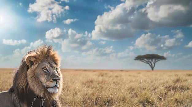 Lion and savannah The concept of protecting wildlife