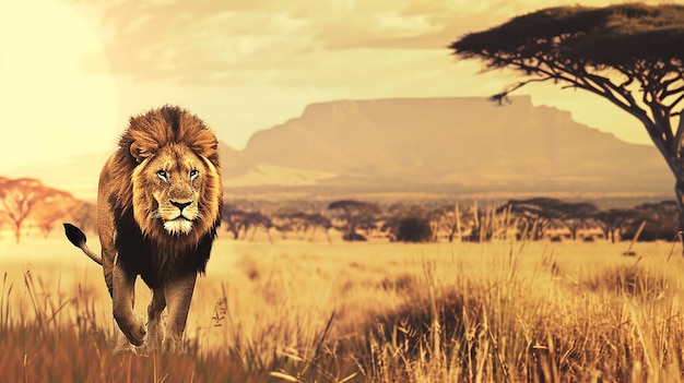 Lion and savannah The concept of protecting wildlife