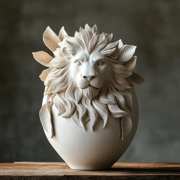 Photo lion sculpture in a white ceramic vase on a wooden table