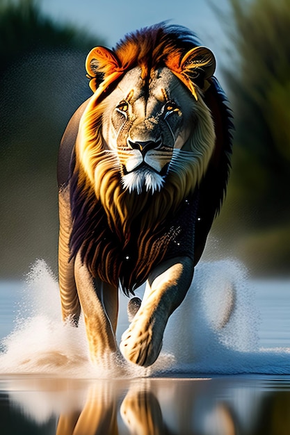 Lion shaking off water while hunting Digital art