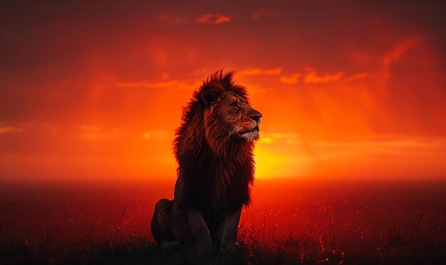 Photo lion silhouette against a vibrant sunrise