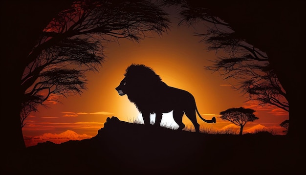 A lion silhouette on a hill at sunset in the Savanna Generative AI