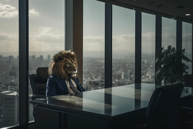 A lion sits at a desk in a large office building.