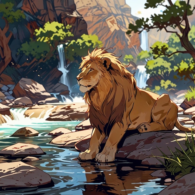 a lion sits on a rock in front of a waterfall