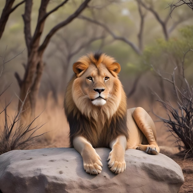 a lion sits on a rock in the wild