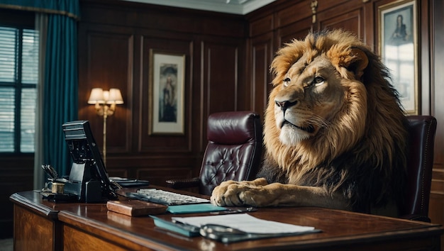 Photo a lion sits on a wooden floor in a room with a bookcase in the background